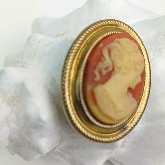 Made in Hong Kong Ivory & Pumpkin Spice Cameo Gold Tone Brooch - Picture 3 of 5